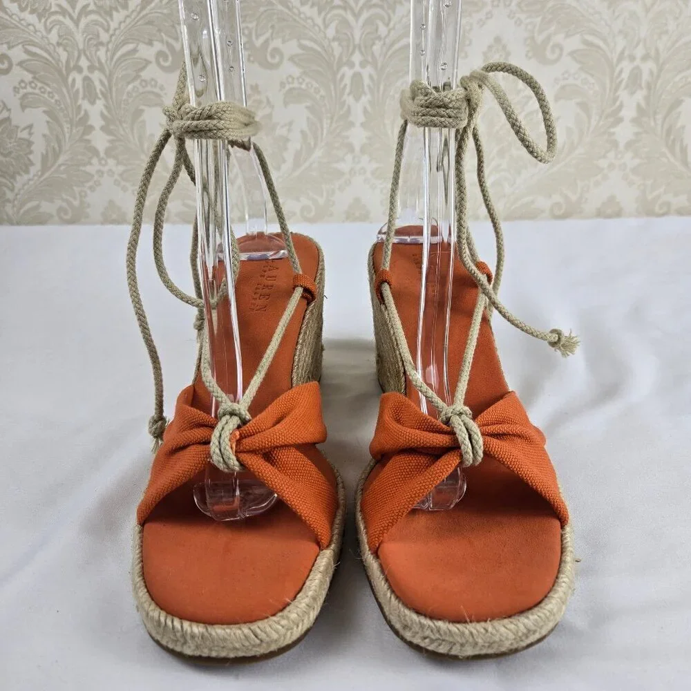 Lauren Ralph Lauren Size 8B Amelie Orange Lace Up Sandals Espadrille Wedge Heels